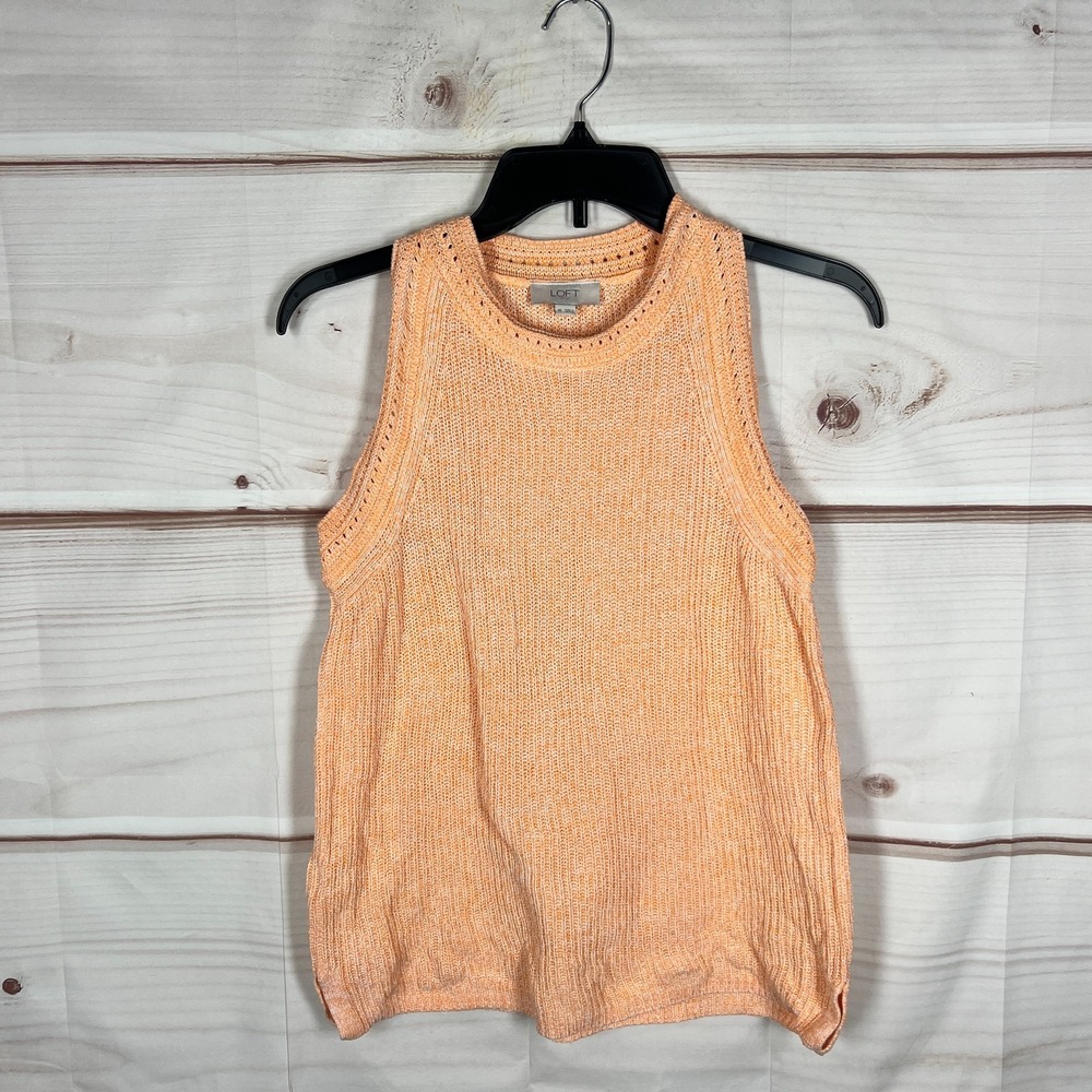 LOFT Top Womens XS Orange Knit Sweater Tank Sleeveless Cotton Crew Neck Pullover